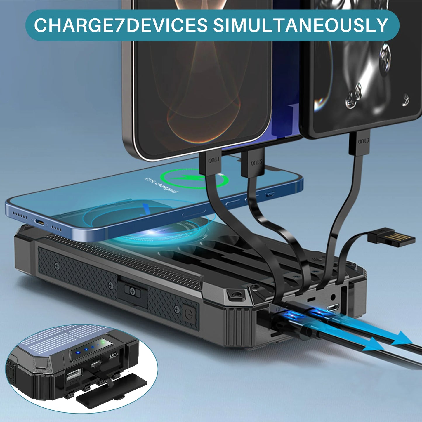 30000mAh Portable Solar Charger for iPhone Android, Wireless Power Bank with 4 Charging Cables and 3 USB Port