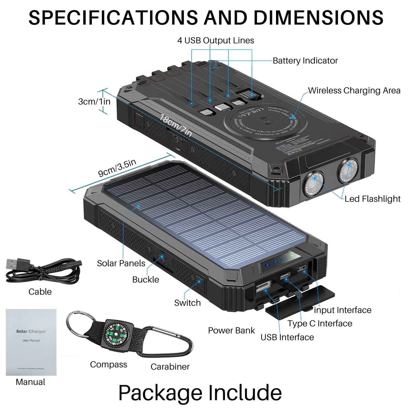 30000mAh Portable Solar Charger for iPhone Android, Wireless Power Bank with 4 Charging Cables and 3 USB Port