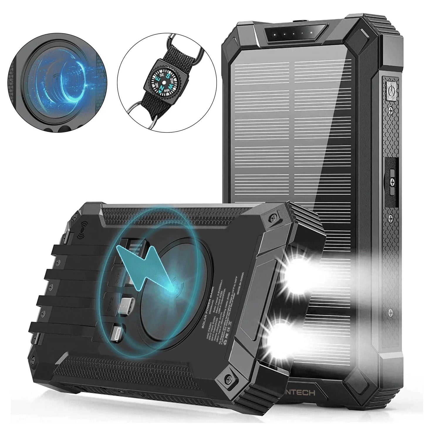 30000mAh Portable Solar Charger for iPhone Android, Wireless Power Bank with 4 Charging Cables and 3 USB Port