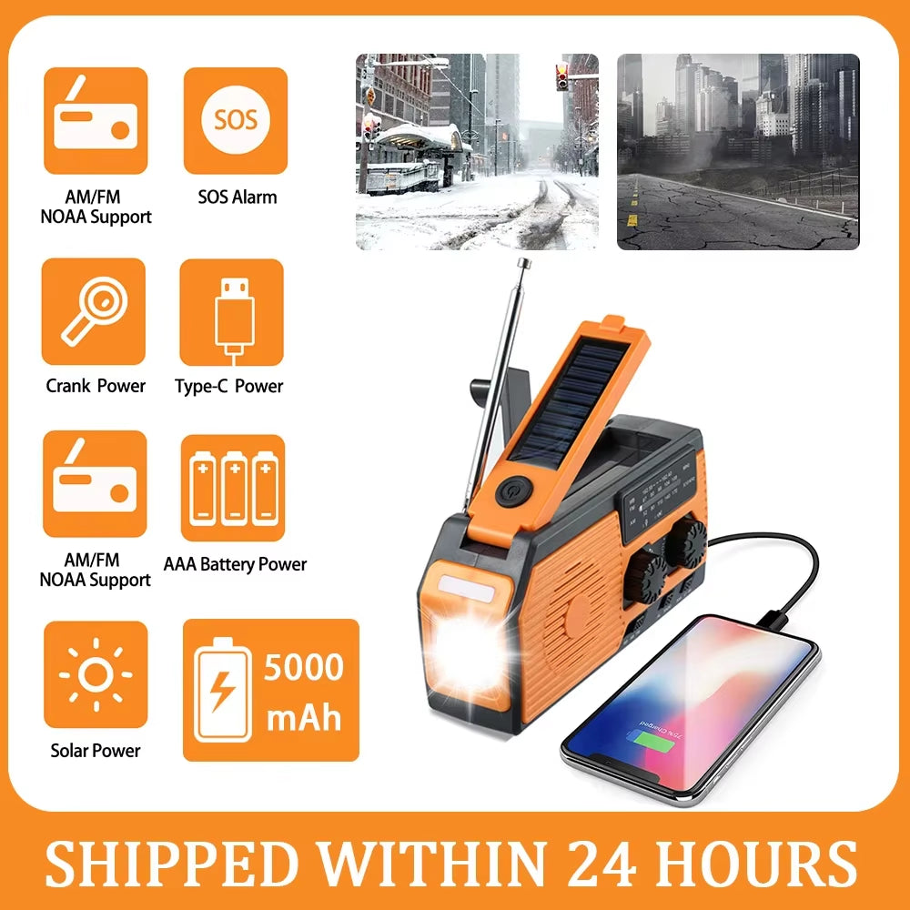 5000Mah Portable Radio Hand Crank Solar USB Charging AM/FM/WB NOAA Weather Radio Emergency LED Flashlight Power Bank for Outdoor