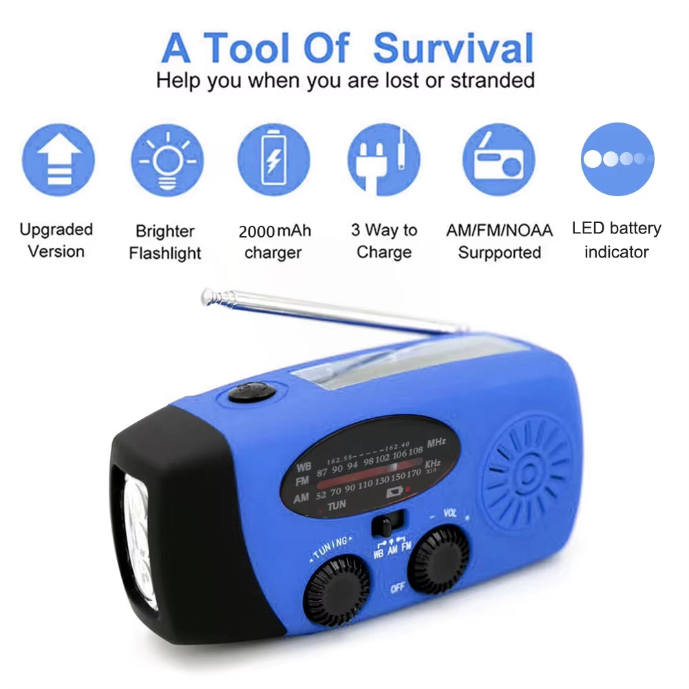 5000Mah Portable Radio Hand Crank Solar USB Charging AM/FM/WB NOAA Weather Radio Emergency LED Flashlight Power Bank for Outdoor