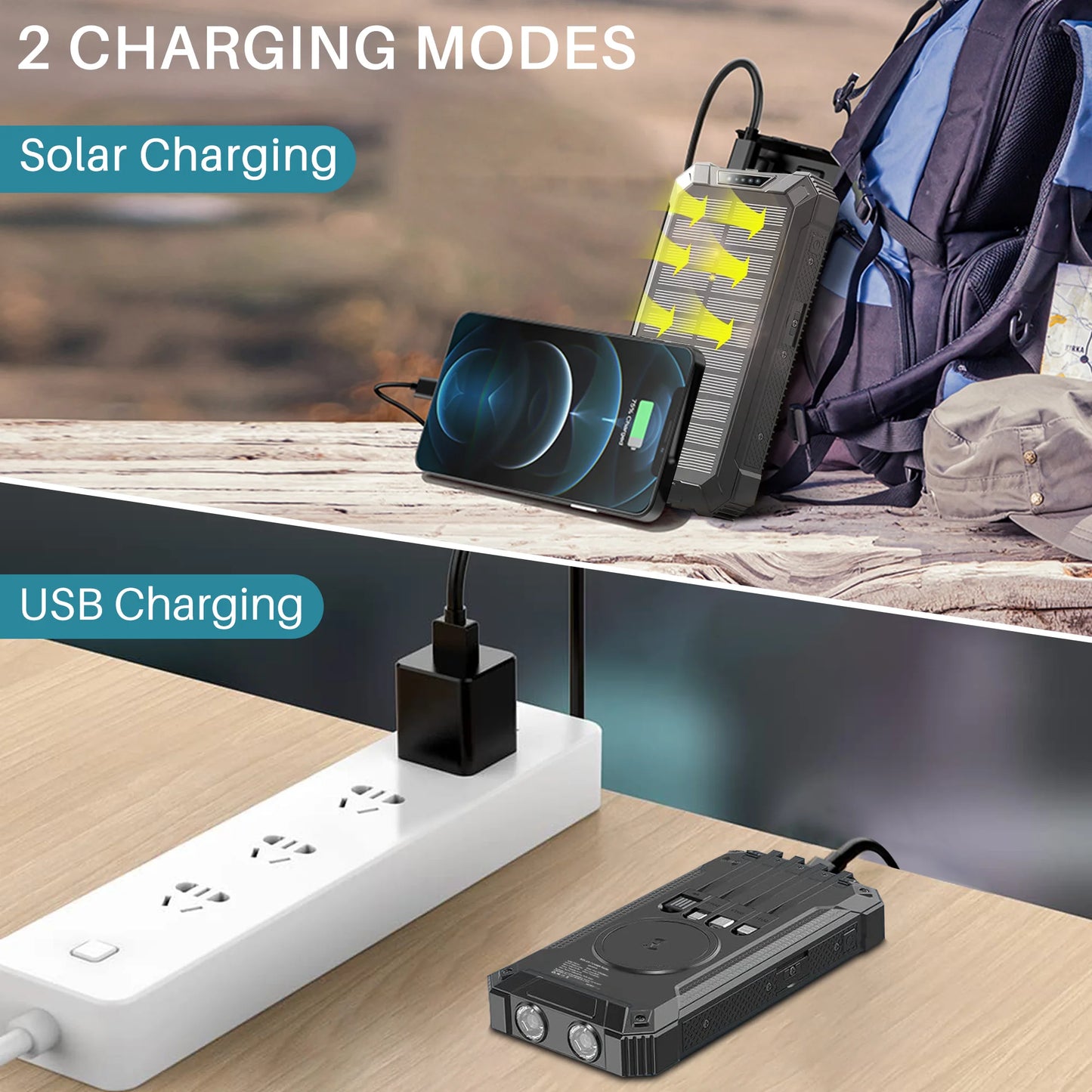 30000mAh Portable Solar Charger for iPhone Android, Wireless Power Bank with 4 Charging Cables and 3 USB Port