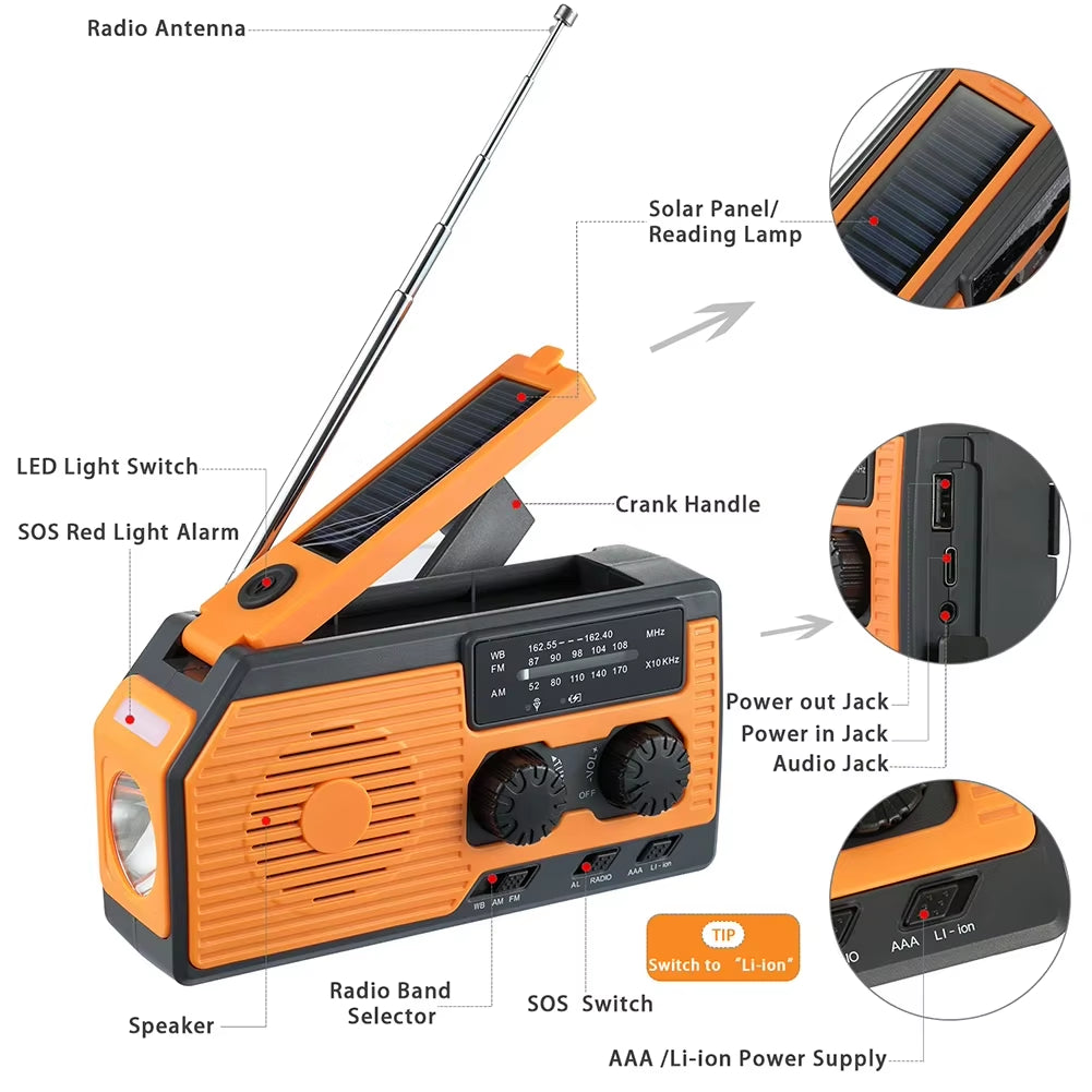 5000Mah Portable Radio Hand Crank Solar USB Charging AM/FM/WB NOAA Weather Radio Emergency LED Flashlight Power Bank for Outdoor
