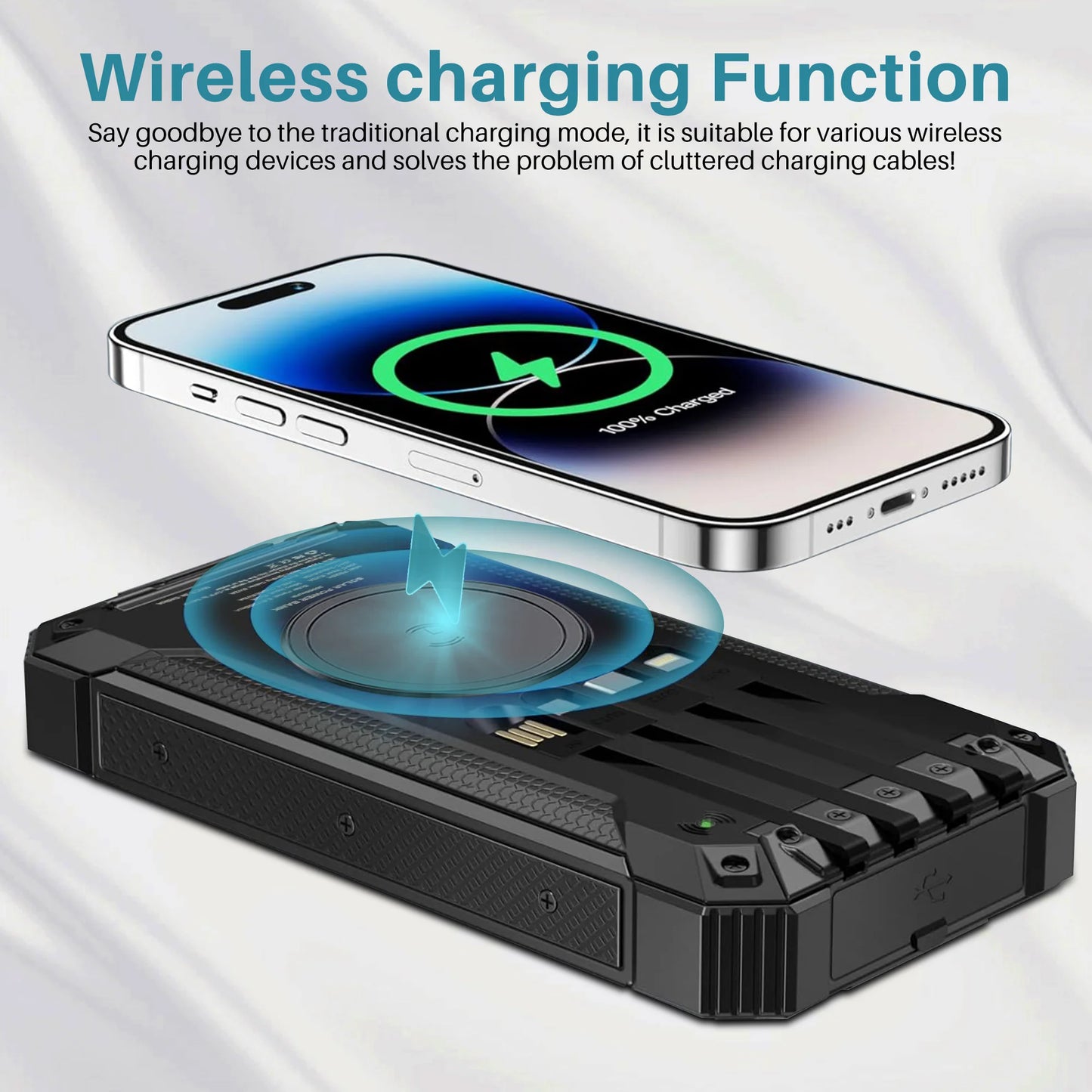 30000mAh Portable Solar Charger for iPhone Android, Wireless Power Bank with 4 Charging Cables and 3 USB Port