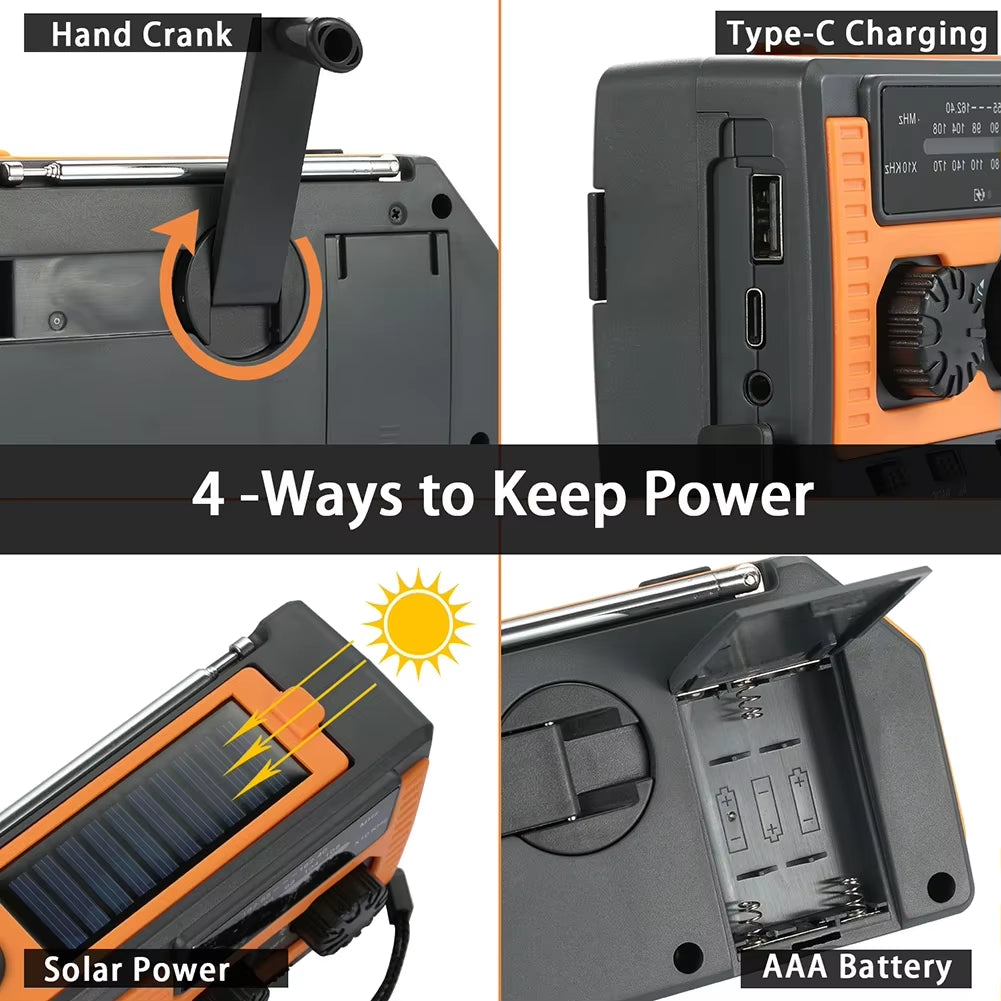 5000Mah Portable Radio Hand Crank Solar USB Charging AM/FM/WB NOAA Weather Radio Emergency LED Flashlight Power Bank for Outdoor