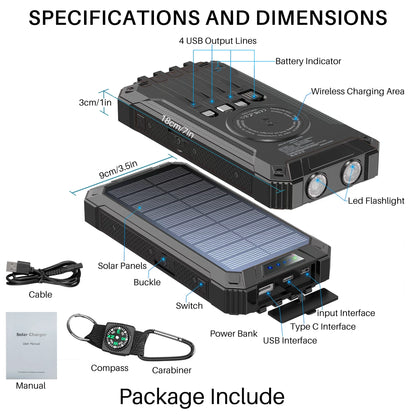 30000mAh Portable Solar Charger for iPhone Android, Wireless Power Bank with 4 Charging Cables and 3 USB Port