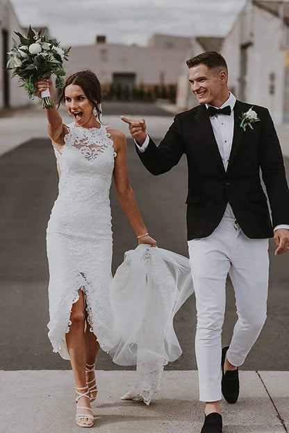Mermaid High Neck Lace Bridal Dress with Slit Tail