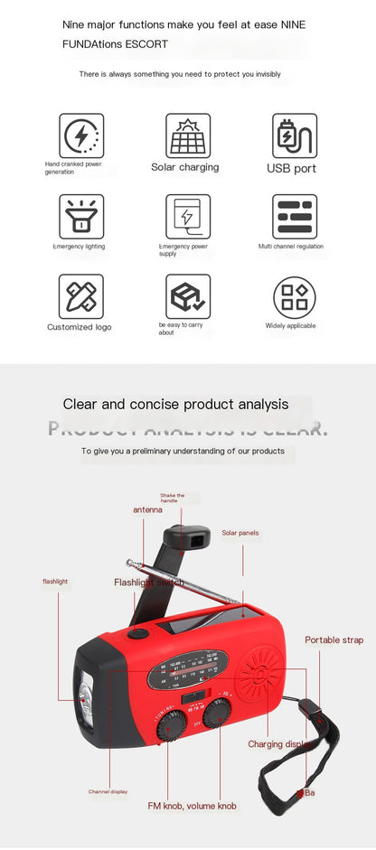 Multifunctional Emergency Radio with Solar Power and Flashlight