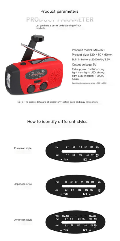 Multifunctional Emergency Radio with Solar Power and Flashlight