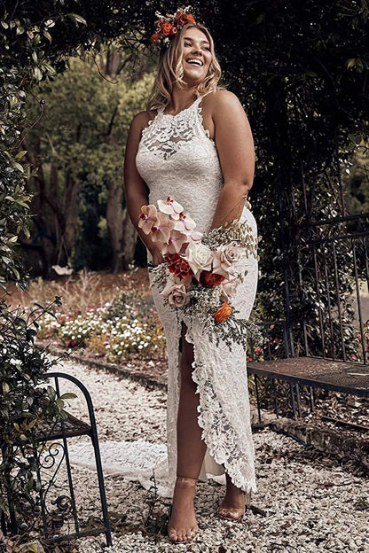 Mermaid High Neck Lace Bridal Dress with Slit Tail