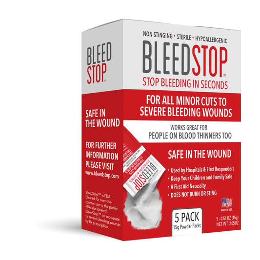 BleedStop™ First Aid Powder for Blood Clotting Trauma Kit Blood Thinner Patients Camping Safety and Survival Equipment for Moderate to Severe Bleeding Wounds or Nosebleeds 5 Pack 15g