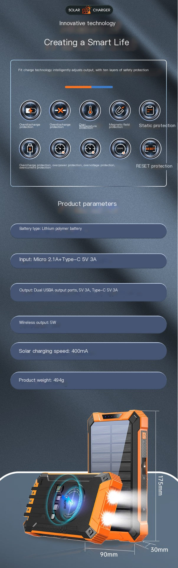 Outdoor High-Capacity Wireless Power Bank with LED Solar