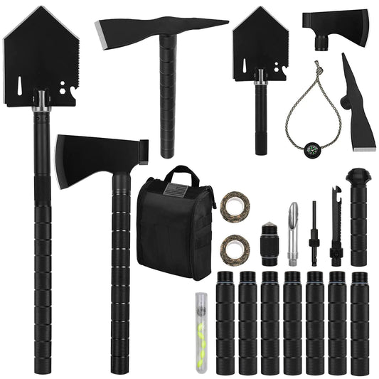 IUNIO Survival Off-Roading Tool Kit Folding Shovel Camping Axe Multitool Pickaxe with Carrying Bag for Outdoor Car Emergency (Upgrade Black)