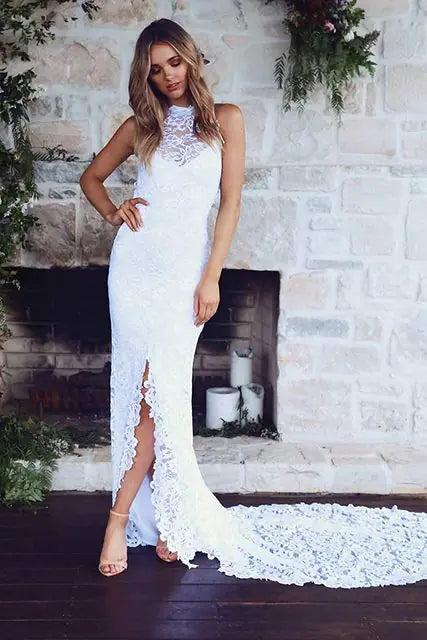 Mermaid High Neck Lace Bridal Dress with Slit Tail