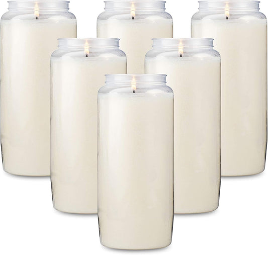 6 Day Candles, 6 Pack | 6” White Pillar Candles for Memorial, Religious Ceremony, Party Decor, Emergency Survival | Unscented Slow Burning 100% Vegetable Wax in Plastic Jar Container