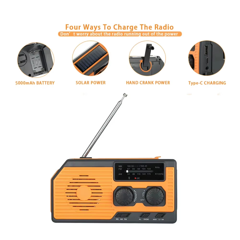 5000Mah Portable Radio Hand Crank Solar USB Charging AM/FM/WB NOAA Weather Radio Emergency LED Flashlight Power Bank for Outdoor