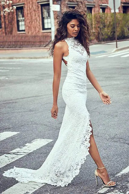 Mermaid High Neck Lace Bridal Dress with Slit Tail